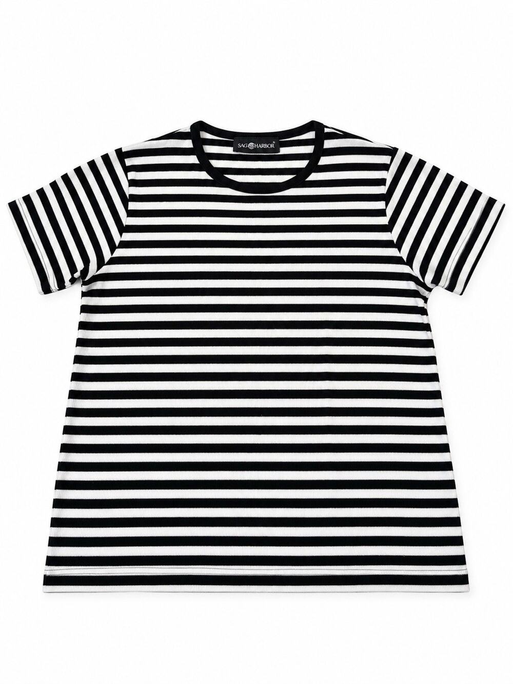 Sag Harbor Women’s Large Black White Striped Short Sleeve Crew Neck Top
